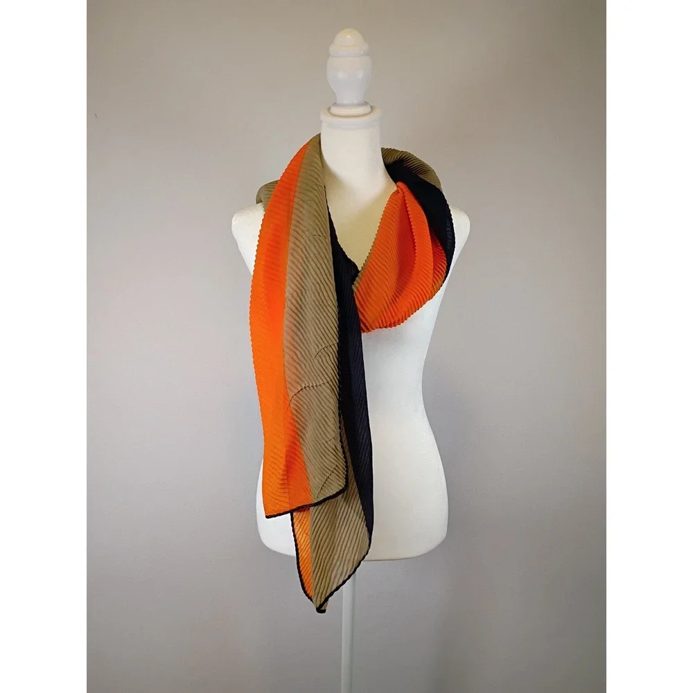 Avant Garde Unbranded Womens OS Orange Navy Olive Pleated Plisse Wrap Scarf